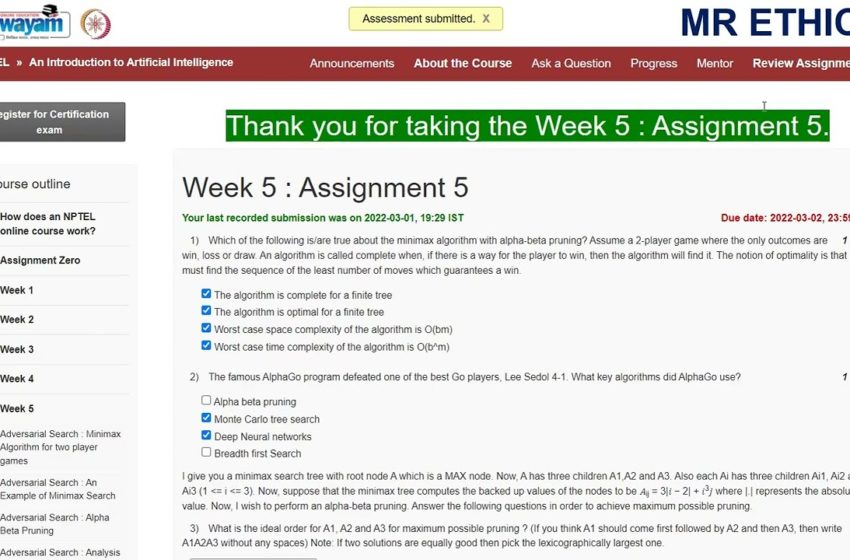 NPTEL An Introduction to Artificial Intelligence Assignment Week 5 Answers | Nptel Week 5 Answers