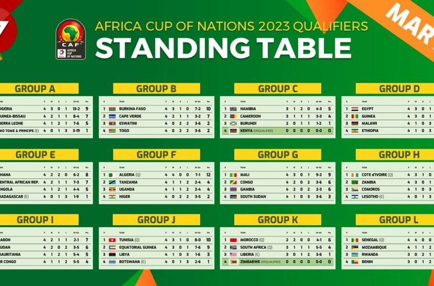  Standing Table Africa Cup of Nations 2023 Qualifiers as of Mar 2023
